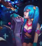  2girls bangs black_gloves blue_background blue_eyes blue_gloves blue_hair bra breasts caitlyn_(league_of_legends) cleavage controller elbow_gloves eyebrows eyeshadow fingerless_gloves fingernails game_controller gloves hair_ornament hair_over_shoulder hairclip highres jewelry joystick league_of_legends lips long_hair looking_at_another looking_to_the_side makeup microskirt midriff multiple_girls navel necklace no_shirt off_shoulder open_mouth out_of_frame purple_bra rabbit_(tukenitian) single_hand sitting skirt solo_focus sona_buvelle sparkle star star_hair_ornament strap_slip teeth twintails underwear very_long_hair ward 