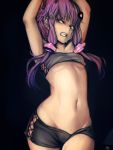  1girl arms_up artist_name at2. black_background bra clenched_teeth cowboy_shot flat_chest groin highres looking_to_the_side low_twintails midriff navel purple_hair shorts signature simple_background solo standing stomach strapless_bra sweat sweatdrop tears twintails underwear violet_eyes vocaloid voiceroid yuzuki_yukari 