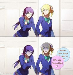  2girls 2koma ^_^ ayase_eli blonde_hair closed_eyes comic english hand_on_ass love_live!_school_idol_project multiple_girls muromaki open_mouth purple_hair school_uniform toujou_nozomi turn_pale yuri 