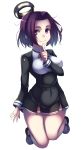  1girl beeyan breasts covered_navel finger_to_face highres kantai_collection large_breasts mechanical_halo purple_hair short_hair simple_background skirt solo tatsuta_(kantai_collection) thighs violet_eyes white_background 