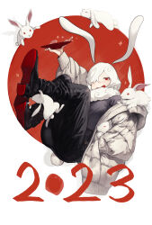  1girl 2023 absurdres alcohol animal animal_ears animal_on_shoulder arm_up chinese_zodiac cup dated full_body hair_over_one_eye hand_in_pocket highres holding holding_cup jacket looking_at_viewer neck_fur new_year original peperon_(peperou) rabbit rabbit_ears rabbit_girl rabbit_tail red_background red_eyes sakazuki sake short_hair solo tail white_hair white_jacket year_of_the_rabbit 