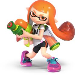  1girl 3d absurdres bare_arms bike_shorts eye_mask full_body gradient_hair highres holding holding_weapon ink_tank_(splatoon) inkling inkling_girl inkling_player_character kaori_(splatoon) long_hair looking_at_viewer multicolored_hair official_art orange_eyes orange_hair pink_shoes shirt shoelaces shoes short_eyebrows short_hair_with_long_locks sidelocks smile sneakers solo splatoon_(series) splatoon_1 splattershot_(splatoon) spotted_hair standing suction_cups super_smash_bros. t-shirt tentacle_hair thick_eyebrows transparent_background two-tone_hair v-shaped_eyebrows weapon white_shirt 