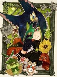  1boy absurdres alternate_costume animal_ears aranara_(genshin_impact) ascot black_ascot black_gloves black_hair brooch envelope flower flower_brooch fox_boy fox_ears genshin_impact gloves green_eyes green_hair green_mask highres holding jewelry male_focus mask masquerade_mask misoshiru_umai4 multicolored_hair postcard short_hair smile solo star_(symbol) streaked_hair tighnari_(genshin_impact) upper_body yellow_flower 