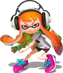  1girl 3d absurdres bare_arms bike_shorts eye_mask full_body gradient_hair headphones highres holding holding_weapon ink_tank_(splatoon) inkling inkling_girl inkling_player_character kaori_(splatoon) leaning_forward long_hair looking_at_viewer multicolored_hair official_art orange_eyes orange_hair pink_shoes shirt shoelaces shoes short_eyebrows short_hair_with_long_locks sidelocks smile sneakers solo splatoon_(series) splatoon_1 splattershot_(splatoon) spotted_hair standing suction_cups t-shirt tentacle_hair thick_eyebrows transparent_background two-tone_hair v-shaped_eyebrows weapon white_shirt 