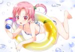  1girl a_k_o barefoot bikini blush innertube looking_at_viewer loose_bikini one_side_up open_mouth original pink_hair red_eyes shaved_ice swimsuit water 