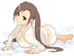  ass bangs barefoot breasts brown_eyes brown_hair cleavage highres ino kousaka_rino large_breasts long_hair long_sleeves lying no_pants open-chest_sweater otome_function panties parted_bangs ribbed_sweater sleeves_past_wrists smile solo sweater twintails underwear white_panties 