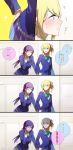  2girls ^_^ ayase_eli blonde_hair blue_eyes blush closed_eyes comic commentary_request hand_on_ass highres love_live!_school_idol_project multiple_girls muromaki open_mouth purple_hair school_uniform star sweat toujou_nozomi translation_request turn_pale yuri 