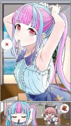  &gt;_&lt; 2girls animal_ear_headphones animal_ears bang_dream! beef_jerky blue_hair blue_shorts cat_ear_headphones center_frills closed_eyes commentary english_commentary fake_animal_ears flailing frills hair_tie_in_mouth headphones highres izami_md long_hair mouth_hold multicolored_hair multiple_girls nyubara_reona open_mouth pink_hair red_eyes shirt shorts sleeveless sleeveless_shirt spoken_x tamade_chiyu twintails two-tone_hair tying_hair white_shirt 