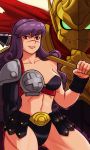  1girl 2015 armor bikini_armor breasts cleavage collarbone cowboy_shot dated grin indivisible lips long_hair looking_at_viewer muscle naga_rider navel nose_scar over_shoulder phoebe_(indivisible) purple_hair raikou_(ff) red_eyes scar shoulder_pads smile twitter_username weapon weapon_over_shoulder 