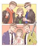  2girls 4boys ^_^ bangs baseball_bat black_blouse blue_eyes blush bow bowtie brother_and_sister brothers brown_eyes brown_hair choromatsu clenched_hand closed_eyes gakuran genderswap green_eyes grey_eyes grin holding_weapon hood_down hoodie ichimatsu jewelry jyushimatsu karamatsu long_hair long_sleeves looking_at_viewer multiple_boys multiple_girls necktie osomatsu-kun osomatsu-san osomatsu_(osomatsu-kun) panels pendant pink_bow school_uniform serafuku shirt siblings sleeves_past_wrists sleeves_rolled_up smile smirk sunglasses sweatdrop sweater_vest swept_bangs syaketosyake teeth text todomatsu upper_body violet_eyes white_shirt 