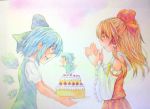  2girls :d blue_dress blue_eyes blue_hair bow brown_hair cake cirno clapping detached_sleeves dress food giving hair_bow hair_tubes hakurei_reimu highres holding ice ice_wings long_hair looking_at_another multiple_girls open_mouth pink_background profile puffy_short_sleeves puffy_sleeves short_hair short_sleeves smile touhou traditional_media upper_body watercolor_(medium) wings yuyu_(00365676) 