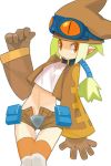  1girl :p brown_gloves cowboy_shot disgaea gloves goggles goggles_on_head green_hair hat jacket long_hair midriff navel orange_eyes pointy_ears ponytail shirt shorts slit_pupils solo thief_(disgaea) thigh-highs tongue tongue_out white_background white_shirt yuuki_(irodo_rhythm) 