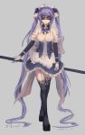  1girl absurdly_long_hair black_legwear blindfold blue_hair breasts bzerox cleavage full_body garter_straps gloves grey_background highres long_hair maid maid_headdress original polearm simple_background solo thigh-highs twintails very_long_hair weapon white_gloves 