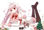  1girl animal_ears bow breasts bunny_tail diten long_hair looking_at_viewer lying on_stomach original rabbit_ears red_eyes soles solo tail 