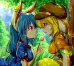  2girls absurdres animal_ears blonde_hair blue_hair crop_top dango dappled_sunlight dior-zi ear_clip eye_contact food grass hat head_to_head highres long_hair looking_at_another low-tied_long_hair multiple_girls rabbit_ears red_eyes ringo_(touhou) seiran_(touhou) sitting sky smile tears touhou under_tree wagashi 