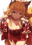  1girl ahoge animal_ears bare_shoulders bell blonde_hair blush breasts cleavage commentary_request fox_ears fox_tail green_eyes highres hoshii_miki idolmaster idolmaster_million_live! japanese_clothes jingle_bell kimono long_hair looking_at_viewer multiple_tails narumi_arata paw_pose revision short_kimono simple_background smile solo tail white_background 
