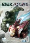  2boys abs barcode black_hair blurry character_name clenched_teeth cover fake_cover green_eyes green_skin highres hulk iron_man lanbow2000 male_focus marvel multiple_boys muscle power_armor revision shirtless veins 