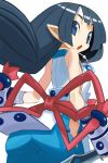  1girl :o black_hair blue_eyes bow cowboy_shot disgaea gloves headband japanese_clothes long_hair looking_back makai_senki_disgaea_2 ninja pointy_ears red_bow solo white_background yukimaru yuuki_(irodo_rhythm) 