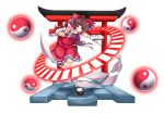  1girl bow brown_eyes brown_hair detached_sleeves dress gohei hair_bow hair_tubes hakurei_reimu hitotsuki_nebura long_hair long_sleeves looking_at_viewer ponytail red_dress ribbon-trimmed_sleeves ribbon_trim sarashi smile solo spell_card torii touhou very_long_hair wide_sleeves yin_yang 