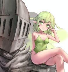  1boy 1girl antenna_hair armor bare_legs bare_shoulders black_souls black_souls_2 black_wings crossed_legs fairy_wings fur_scarf fur_trim green_eyes green_hair green_leotard green_wings grey_scarf grimm_(black_souls) hand_up leaf_(black_souls) leotard light_blush looking_at_another looking_at_viewer on_shoulder pointy_ears scarf short_hair sitting smile v white_background wings wrangelina 