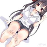  1girl barefoot black_hair bow character_request hair_bow long_hair looking_at_viewer red_eyes saki_chisuzu school_uniform sitting skirt solo 