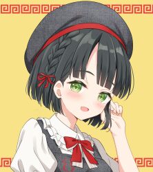  1girl :d absurdres apron beret black_hair blunt_bangs blush braid collared_shirt commentary_request frilled_shirt_collar frills green_eyes grey_apron grey_hat hachiban_ramen hachiban_ramen_uniform hanazora_satsuki hat highres link!_like!_love_live! looking_at_viewer love_live! meandros momose_ginko neck_ribbon official_alternate_costume open_mouth puffy_short_sleeves puffy_sleeves red_ribbon ribbon shirt short_hair short_sleeves side_braids smile solo upper_body virtual_youtuber white_shirt yellow_background 