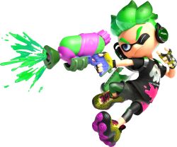  1boy 3d absurdres aiming bike_shorts black_shirt blue_eyes closed_mouth cuttlefrsh_(splatoon) dynamic_pose eye_mask fingerless_gloves full_body gloves gradient_hair green_hair headphones highres holding holding_weapon ink_tank_(splatoon) inkling inkling_boy inkling_player_character looking_to_the_side multicolored_hair official_art one_eye_closed shirt shoelaces shoes short_sleeves sneakers solo splatoon_(series) splatoon_2 splattershot_(splatoon) spotted_hair t-shirt tentacle_hair thick_eyebrows transparent_background two-tone_hair v-shaped_eyebrows weapon yellow_shoes 
