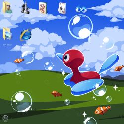  absurdres bliss_(image) bubble card cherrymezcal chess_piece clouds clownfish commentary desktop_(computing) english_commentary fish folder frutiger_aero grass highres hill internet_explorer mahjong_tile microsoft_windows no_humans playing_card pokemon pokemon_(creature) pokemon_focus porygon2 purble_place sparkle windows_7 windows_xp 
