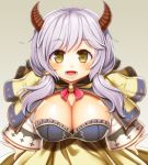  1girl asamura_hiori blush breasts brown_eyes cleavage dress granblue_fantasy highres horns kumuyu large_breasts long_hair long_sleeves looking_at_viewer low_twintails open_mouth silver_hair solo twintails wide_sleeves 