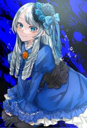  1girl black_gloves blue_eyes drill_hair drill_sidelocks frilled_hat frills gloves hat highres kamen_rider kamen_rider_gavv_(series) liselle_jaldak lolita_fashion long_hair long_sleeves looking_at_viewer mini_hat mittada_numa4 sidelocks solo white_hair 
