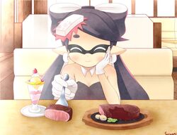  aori_(splatoon) black_hair blush closed_eyes detached_collar earrings feeding food food_on_head gloves hand_on_own_cheek hinata_mirun ice_cream jewelry long_hair meat mole mole_under_eye object_on_head parfait pointy_ears pov_feeding smile splatoon white_gloves 