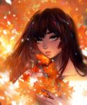  1girl autumn autumn_leaves black_hair blue_eyes collarbone dark_skin dress ein_lee freckles glowing holding_leaf lips original parted_lips petals solo strapless_dress upper_body white_dress 