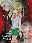  1boy 2girls artist_request blonde_hair heather_mason long_hair miniskirt multiple_girls short_hair silent_hill silent_hill_3 skirt sleeveless 