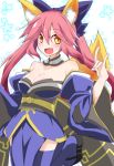  1girl :d animal_ears bare_shoulders blue_eyes blush breasts caster_(fate/extra) choker cleavage fang fate/extra fate/grand_order fate_(series) fox_ears fox_tail hair_ribbon highres open_mouth pink_hair ribbon sena_kizahashi smile solo tail thigh-highs twintails wide_sleeves yellow_eyes 