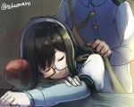 1boy 1girl admiral_(kantai_collection) black_hair buttons closed_eyes covering_with_blanket desk faceless faceless_male glasses hair_ornament hairband kantai_collection long_hair military military_uniform naval_uniform on_desk ooyodo_(kantai_collection) out_of_frame pillow school_uniform semi-rimless_glasses serafuku sleeping tokumaro twitter_username under-rim_glasses uniform 