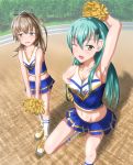  2girls ;d alphe aqua_hair arm_behind_head arm_up armpits bare_arms blue_skirt blush breasts brown_eyes brown_hair bush cheerleader cleavage collarbone exhausted green_eyes hair_between_eyes hair_ornament hairclip headgear highres kantai_collection kneehighs kumano_(kantai_collection) long_hair looking_at_viewer looking_away midriff multiple_girls navel one_eye_closed open_mouth outdoors pleated_skirt pom_poms ponytail shoes skirt smile sportswear standing standing_on_one_leg stomach suzuya_(kantai_collection) sweatdrop tree uniform very_long_hair wavy_mouth white_legwear yellow_shoes 