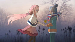 2girls blue_eyes blue_hair coat kagamihara_nadeshiko kirara_fantasia long_hair multiple_girls pink_eyes pink_hair shima_rin sweater yuri yurucamp