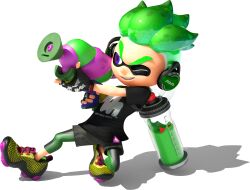  1boy 3d absurdres bike_shorts black_shirt blue_eyes cuttlefrsh_(splatoon) dynamic_pose eye_mask fingerless_gloves full_body gloves gradient_hair green_hair grin headphones highres holding holding_weapon ink_tank_(splatoon) inkling inkling_boy inkling_player_character multicolored_hair official_art one_eye_closed shirt shoes short_sleeves smile sneakers solo splatoon_(series) splatoon_2 splattershot_(splatoon) spotted_hair t-shirt tentacle_hair thick_eyebrows transparent_background two-tone_hair v-shaped_eyebrows weapon yellow_shoes 