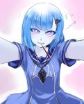  1girl blue_hair blue_skin electricity food_in_mouth genderswap hair_ornament heart jewelry league_of_legends looking_at_viewer mouth_hold nam_(valckiry) necklace personification pocky short_hair solo violet_eyes xerath 