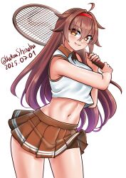  1girl absurdres ahoge alternate_costume breasts brown_eyes brown_hair brown_skirt commentary cowboy_shot crop_top dated hair_flaps hairband highres holding holding_racket holding_tennis_racket kantai_collection katou_shinobu long_hair looking_at_viewer one-hour_drawing_challenge racket red_hairband shiratsuyu_(kancolle) shirt shorts shorts_under_skirt simple_background skirt sleeveless sleeveless_shirt smile solo sportswear tennis tennis_racket tennis_skirt tennis_uniform twitter_username two-tone_shirt white_background white_shirt 
