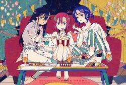  1boy 2girls ai-assisted amate_yuzuriha aqua_eyes bag black_hair blue_hair blush breasts chicken_(food) commentary_request conch_(gundam) couch denim denim_shorts doughnut food glass gundam gundam_gquuuuuux haro highres holding jacket long_hair long_sleeves looking_at_viewer multicolored_hair multiple_girls nyaan_(gundam_gquuuuuux) on_couch open_mouth pants pizza popcorn purple_hair red_hair shirt short_hair short_sleeves shorts shuji_ito sitting skirt smile tamagodamaco tank_top two-tone_hair white_shirt yellow_eyes 