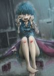  1girl barefoot bleeding blood bloody_feet blue_hair blush broken_umbrella crying d: fuente geta highres injury juliet_sleeves long_sleeves open_mouth puffy_sleeves rain shoes_removed solo tatara_kogasa tears teeth touhou tunic umbrella 