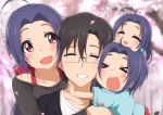  1boy 3girls ahoge blue_hair breasts couple father_and_daughter glasses hitotsuki_nanoka idolmaster miura-san miura_azusa mother_and_daughter multiple_girls open_mouth producer_(idolmaster_anime) puchimasu! red_eyes short_hair 