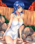  1girl absurdres autumn_leaves bare_arms blue_eyes blue_hair blue_nails blush breasts cleavage collarbone double_bun female highres kantai_collection looking_at_viewer luna_(gunfire) nail_polish naked_towel night night_sky onsen outdoors rock sky smile solo standing star_(sky) starry_sky steam towel urakaze_(kantai_collection) wading water 