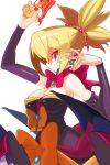  1girl arm_warmers bare_shoulders blonde_hair bow bright_pupils cowboy_shot disgaea dress gun jewelry makai_senki_disgaea_2 orange_bow pointy_ears profile red_bow red_eyes ring rozalin short_hair slit_pupils smile solo weapon white_background yuuki_(irodo_rhythm) 