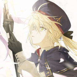 1girl absurdres artoria_caster_(fate) artoria_caster_(second_ascension)_(fate) artoria_pendragon_(fate) belt beret black_bow black_gloves blonde_hair blue_belt blue_bow blue_bowtie blue_capelet blue_cloak bow bowtie breasts cape capelet cloak dress falling_petals fate/grand_order fate_(series) gloves green_eyes hat highres holding holding_staff hood long_hair long_sleeves looking_up multicolored_capelet parted_lips petals pink_petals shiro_(siro_kuten) simple_background solo staff standing striped_belt twintails upper_body white_background white_dress 