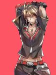  1boy arms_up blazblue blazblue:_central_fiction brown_hair cowboy_shot high_collar kaneaki_mukku mismatched_gloves naoto_kurogane navel one_eye_closed red_background solo spiky_hair 