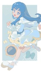  1girl absurdres ankle_bow anklet aqua_background bare_legs blue_bow blue_eyes blue_hair border bow bow_skirt circle_skirt clenched_hand colored_eyelashes cross-laced_shoes dress floating_clothes floating_hair frilled_skirt frills full_body halftone halftone_background happinesscharge_precure! happy high_heels highres jewelry leg_up light_blush long_hair long_sleeves open_mouth outside_border precure puffy_long_sleeves puffy_sleeves pumps running shipu_(gassyumaron) shirayuki_hime shoes short_dress sidelocks skirt skirt_under_dress smile solo straight_hair tareme very_long_hair waist_bow white_border white_bow white_dress white_shoes yellow_skirt 
