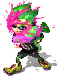  1boy 3d bike_shorts black_shirt blue_eyes cuttlefrsh_(splatoon) eye_mask fingerless_gloves full_body gloves gradient_hair green_hair grin headphones holding holding_weapon ink_tank_(splatoon) inkling inkling_boy inkling_player_character leaning_to_the_side looking_at_viewer multicolored_hair official_art one_eye_closed paint_splatter paint_splatter_on_face shirt shoelaces shoes short_sleeves smile sneakers solo splatoon_(series) splatoon_2 splattershot_(splatoon) spotted_hair standing t-shirt tentacle_hair thick_eyebrows transparent_background two-tone_hair v-shaped_eyebrows weapon yellow_shoes 
