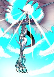  absurdres crossed_arms dragon duel_monster full_body go_madare highres midair no_humans solo stardust_dragon sunlight white_wings wings yu-gi-oh! yu-gi-oh!_5d's 